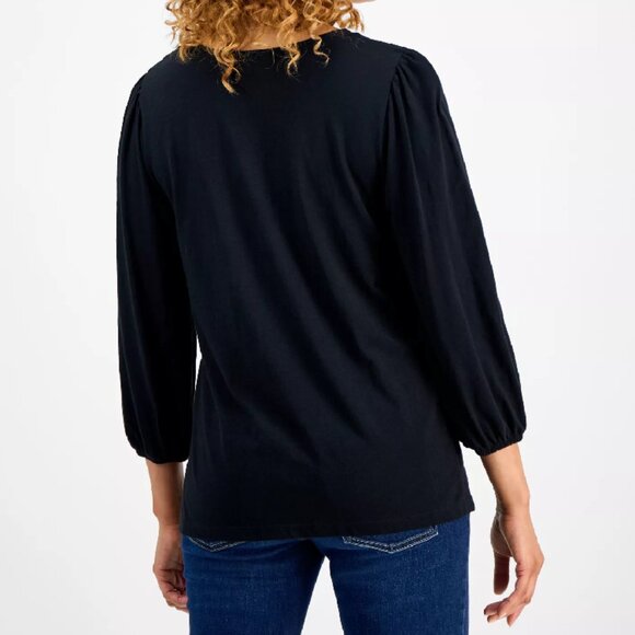 Style & Co Womens Bohemian Smocked Knit 3/4-Sleeve Top Black Size XXL New w/Tags - Picture 2 of 4